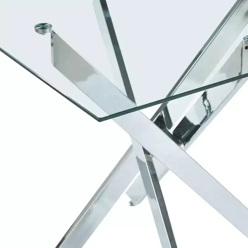 Table à manger carrée 90x90x75cm, pieds croisés en métal chromé et plateau en verre trempé, gain de place