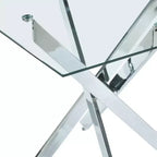 Table à manger carrée 90x90x75cm, pieds croisés en métal chromé et plateau en verre trempé, gain de place