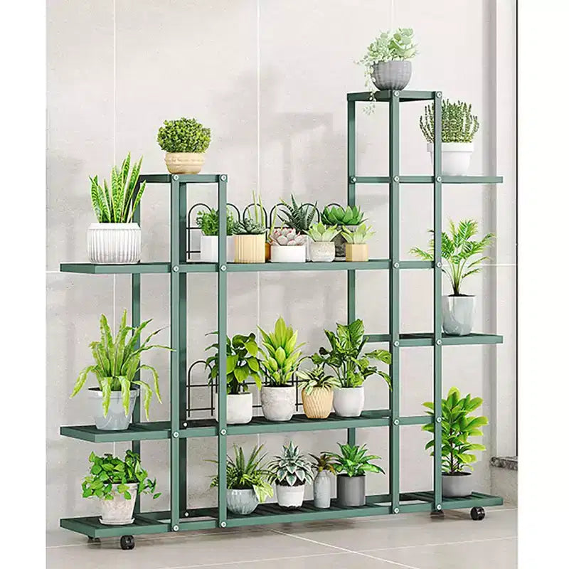 Support pour plantes multi-niveaux en métal avec roues, style européen, blanc/vert, pour salon et balcon