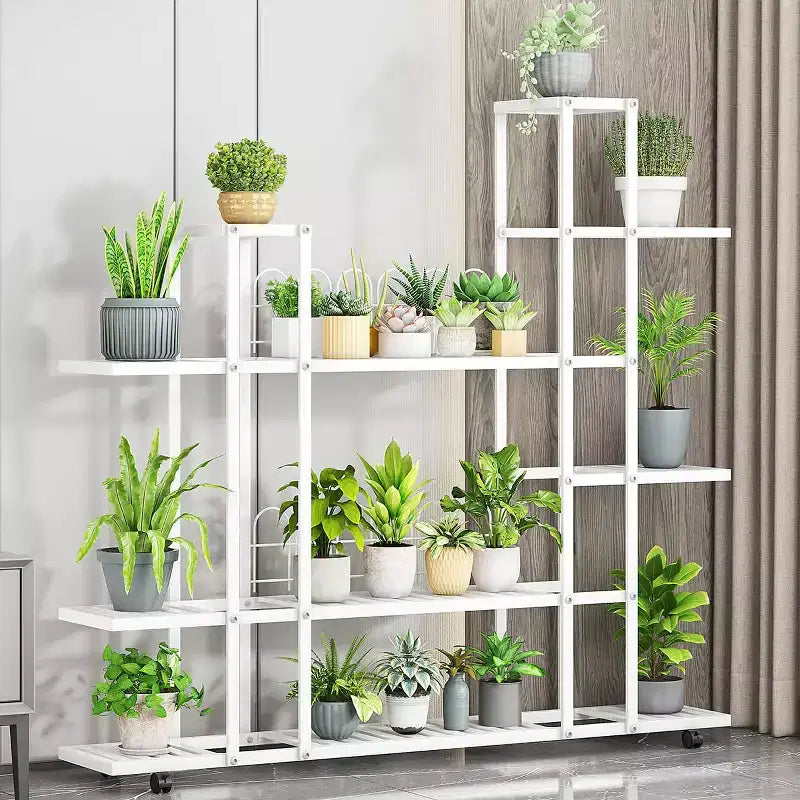 Support pour plantes multi-niveaux en métal avec roues, style européen, blanc/vert, pour salon et balcon