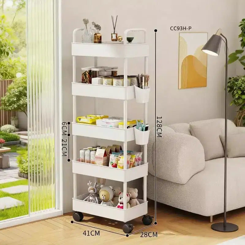 Chariot de rangement à roulettes slim 5 niveaux avec poignée, en plastique ABS, organiseur étroit peu encombrant