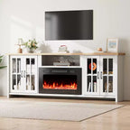 Meuble TV de ferme de 198 cm avec cheminée électrique de 76 cm, LED 16 couleurs, étagères réglables, compatible avec les téléviseurs jusqu'à 228 cm