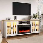 Meuble TV de ferme de 198 cm avec cheminée électrique de 76 cm, LED 16 couleurs, étagères réglables, compatible avec les téléviseurs jusqu'à 228 cm