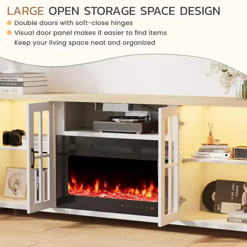 Meuble TV de ferme de 198 cm avec cheminée électrique de 76 cm, LED 16 couleurs, étagères réglables, compatible avec les téléviseurs jusqu'à 228 cm