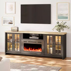 Meuble TV de ferme de 198 cm avec cheminée électrique de 76 cm, LED 16 couleurs, étagères réglables, compatible avec les téléviseurs jusqu'à 228 cm