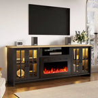Meuble TV de ferme de 198 cm avec cheminée électrique de 76 cm, LED 16 couleurs, étagères réglables, compatible avec les téléviseurs jusqu'à 228 cm