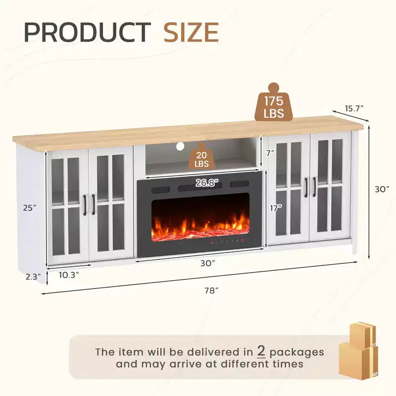 Meuble TV de ferme de 198 cm avec cheminée électrique de 76 cm, LED 16 couleurs, étagères réglables, compatible avec les téléviseurs jusqu'à 228 cm