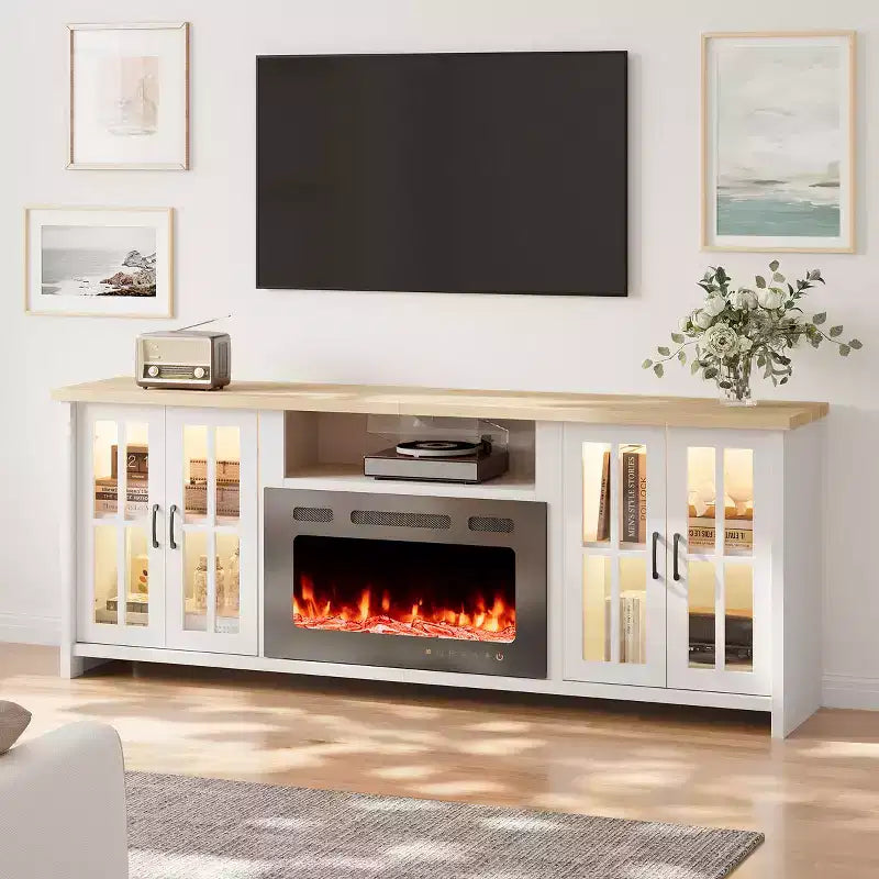 Meuble TV de ferme de 198 cm avec cheminée électrique de 76 cm, LED 16 couleurs, étagères réglables, compatible avec les téléviseurs jusqu'à 228 cm