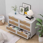 Commode de rangement en rotin à 6 tiroirs, 109,9 cm (43,3") de large, panneau de particules, anti-basculement, plateau supportant 22,7 kg (50 lb), blanc