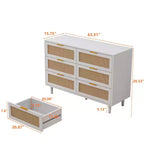 Commode de rangement en rotin à 6 tiroirs, 109,9 cm (43,3") de large, panneau de particules, anti-basculement, plateau supportant 22,7 kg (50 lb), blanc