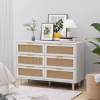 Commode de rangement en rotin à 6 tiroirs, 109,9 cm (43,3") de large, panneau de particules, anti-basculement, plateau supportant 22,7 kg (50 lb), blanc