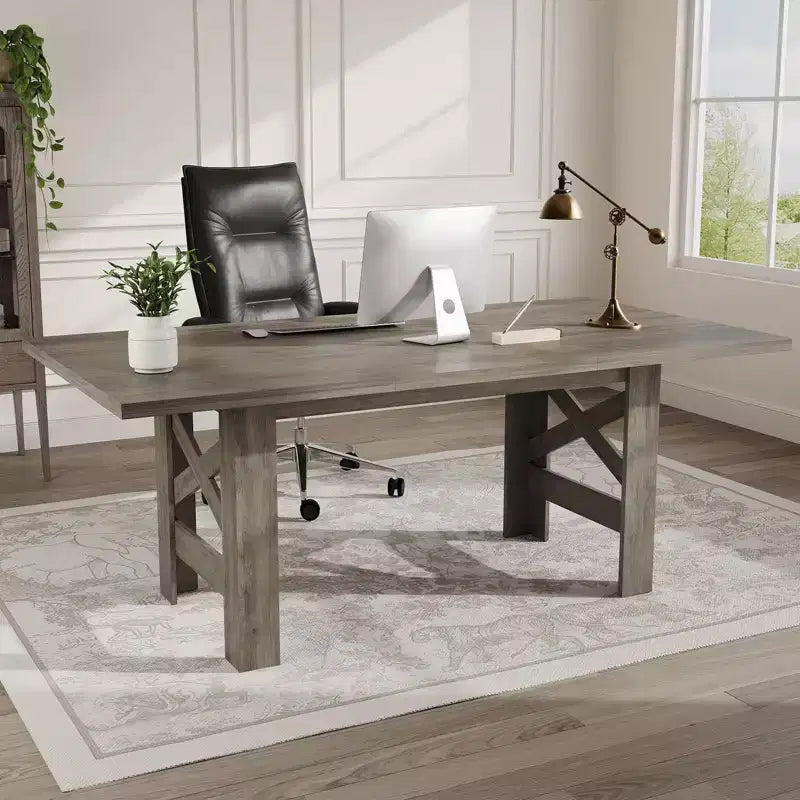 Table de salle à manger de ferme de 180 cm, piètement tréteau, panneaux de particules, 6 à 8 places, capacité de 181 kg, marron rustique