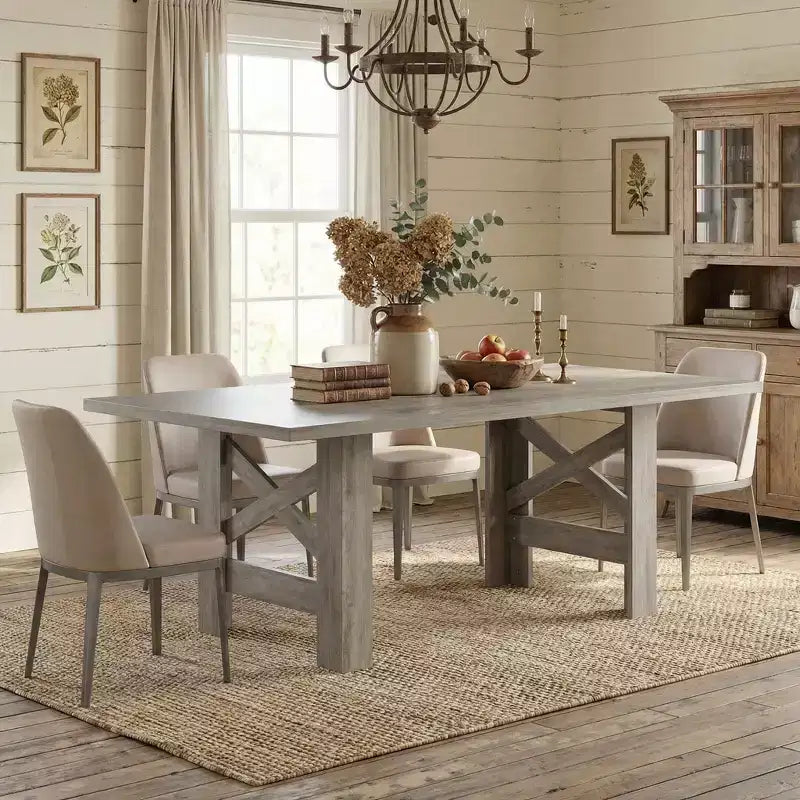 Table de salle à manger de ferme de 180 cm, piètement tréteau, panneaux de particules, 6 à 8 places, capacité de 181 kg, marron rustique