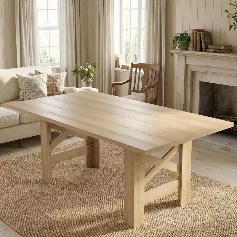 Table de salle à manger de ferme de 180 cm, piètement tréteau, panneaux de particules, 6 à 8 places, capacité de 181 kg, marron rustique