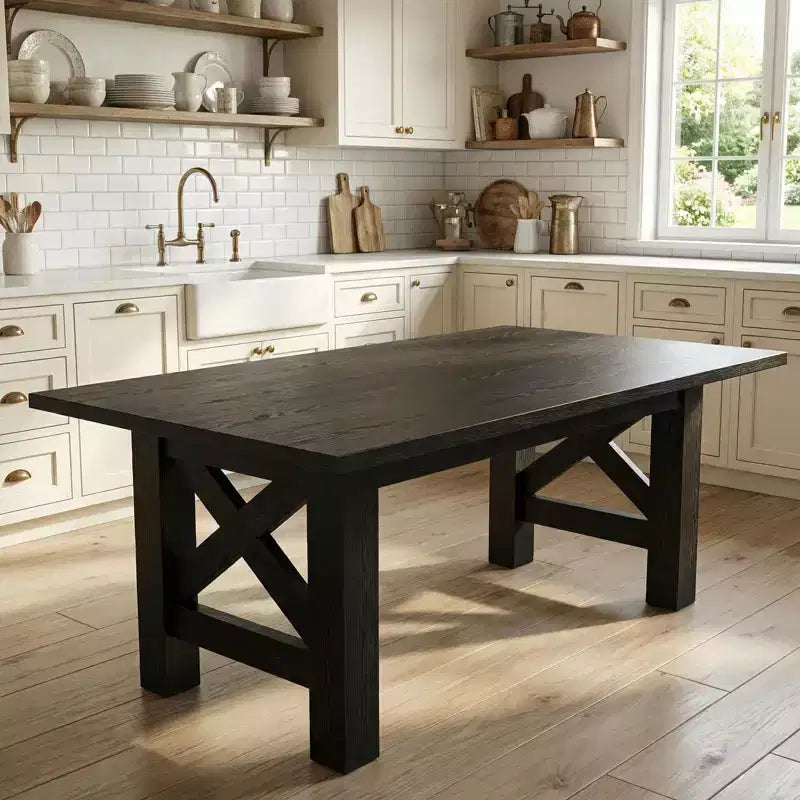 Table de salle à manger de ferme de 180 cm, piètement tréteau, panneaux de particules, 6 à 8 places, capacité de 181 kg, marron rustique