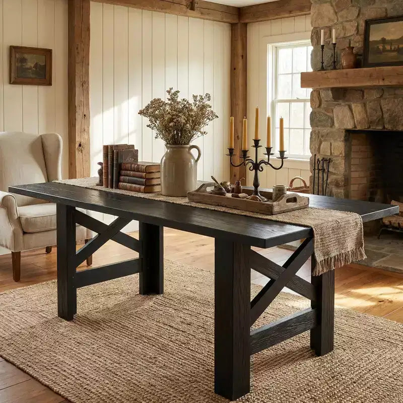 Table de salle à manger de ferme de 180 cm, piètement tréteau, panneaux de particules, 6 à 8 places, capacité de 181 kg, marron rustique