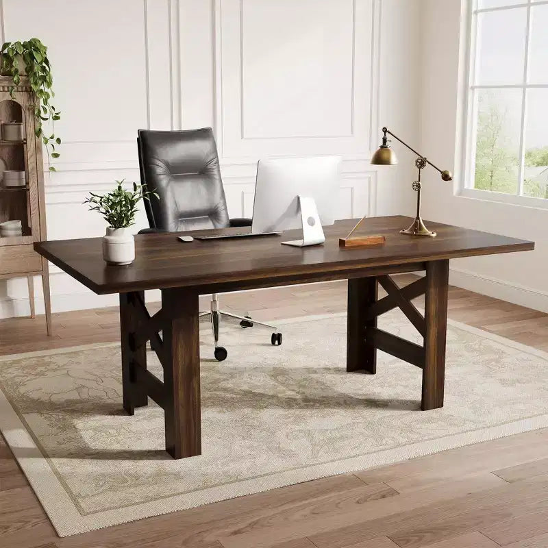 Table de salle à manger de ferme de 180 cm, piètement tréteau, panneaux de particules, 6 à 8 places, capacité de 181 kg, marron rustique
