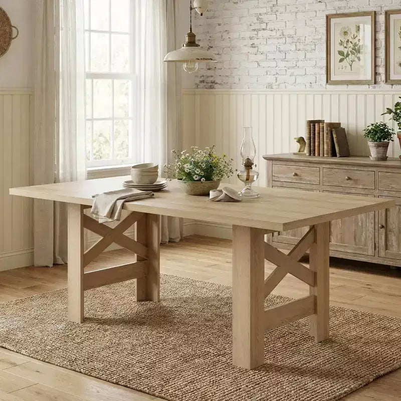Table de salle à manger de ferme de 180 cm, piètement tréteau, panneaux de particules, 6 à 8 places, capacité de 181 kg, marron rustique