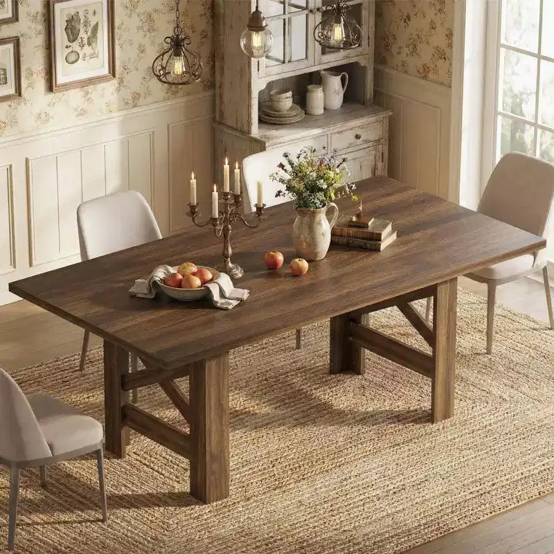 Table de salle à manger de ferme de 180 cm, piètement tréteau, panneaux de particules, 6 à 8 places, capacité de 181 kg, marron rustique
