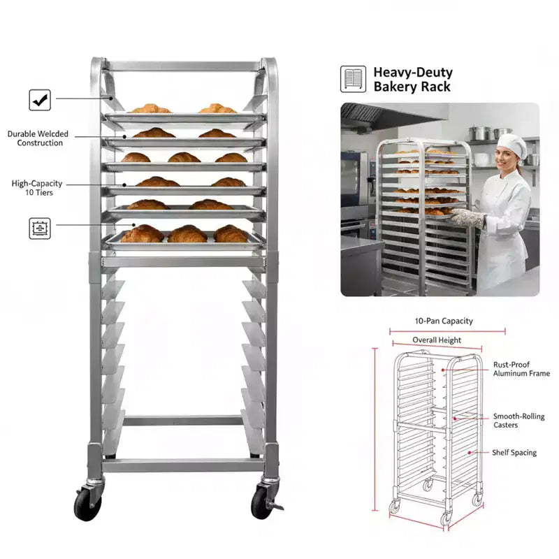 Support à bac à pains en aluminium sur roulettes, 15 niveaux, roulettes verrouillables, cadre ouvert, pour cuisine et boulangerie