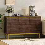 Commode 7 tiroirs, 137 cm de large, design cannelé, poignées en métal doré, bois d'ingénierie, anti-basculement, meuble TV