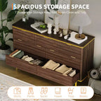 Commode 7 tiroirs, 137 cm de large, design cannelé, poignées en métal doré, bois d'ingénierie, anti-basculement, meuble TV