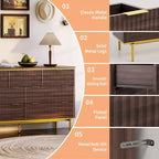Commode 7 tiroirs, 137 cm de large, design cannelé, poignées en métal doré, bois d'ingénierie, anti-basculement, meuble TV