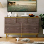 Commode 7 tiroirs, 137 cm de large, design cannelé, poignées en métal doré, bois d'ingénierie, anti-basculement, meuble TV