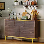 Commode 7 tiroirs, 137 cm de large, design cannelé, poignées en métal doré, bois d'ingénierie, anti-basculement, meuble TV