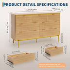 Commode 7 tiroirs, 137 cm de large, design cannelé, poignées en métal doré, bois d'ingénierie, anti-basculement, meuble TV