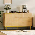Commode 7 tiroirs, 137 cm de large, design cannelé, poignées en métal doré, bois d'ingénierie, anti-basculement, meuble TV