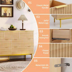 Commode 7 tiroirs, 137 cm de large, design cannelé, poignées en métal doré, bois d'ingénierie, anti-basculement, meuble TV