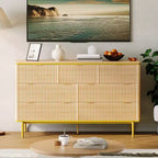 Commode 7 tiroirs, 137 cm de large, design cannelé, poignées en métal doré, bois d'ingénierie, anti-basculement, meuble TV