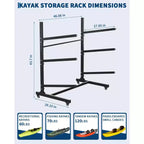 Support à kayak autoportant à 3 niveaux, Acier, Roues verrouillables, Peut contenir kayaks/canoës/SUPs jusqu'à 120 lb, 46"x29"x44"