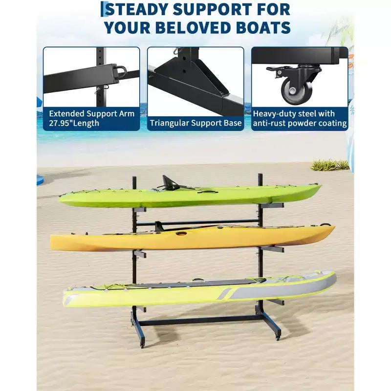 Support à kayak autoportant à 3 niveaux, Acier, Roues verrouillables, Peut contenir kayaks/canoës/SUPs jusqu'à 120 lb, 46"x29"x44"