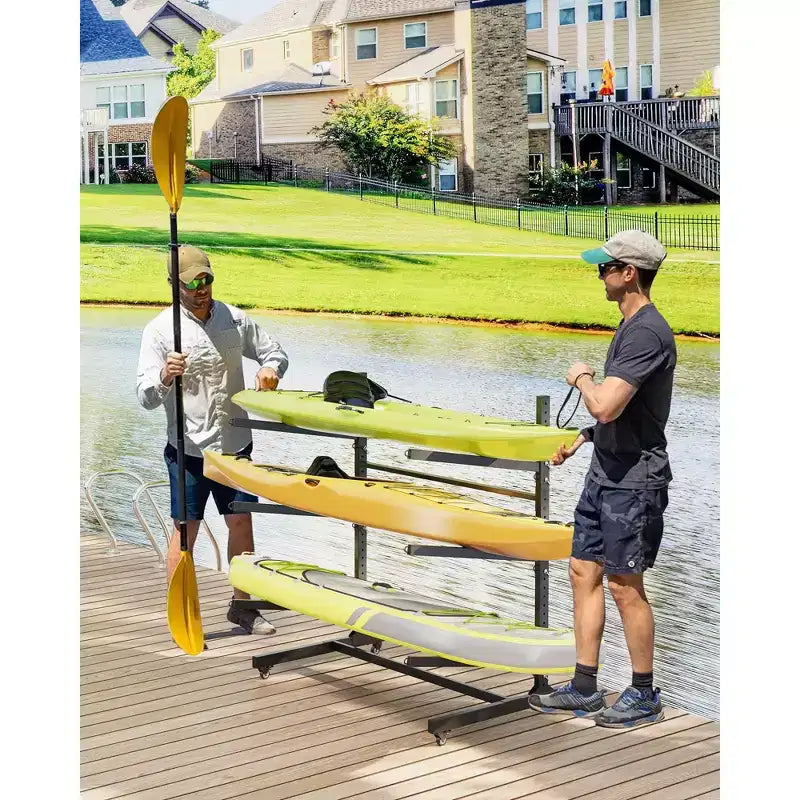Support à kayak autoportant à 3 niveaux, Acier, Roues verrouillables, Peut contenir kayaks/canoës/SUPs jusqu'à 120 lb, 46"x29"x44"