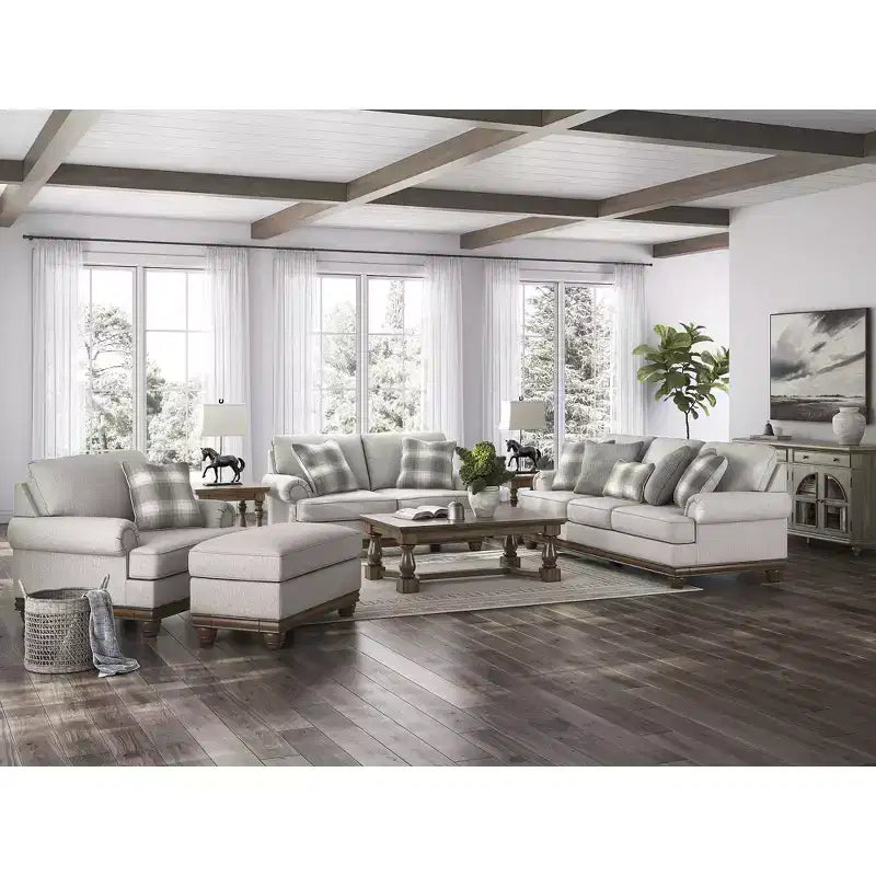 Ottoman de ferme, polyester couleur grès, mousse haute résilience, cadre à blocs d'angle, pieds tournés, 111,76 cm L x 60,96 cm P x 53,34 cm H