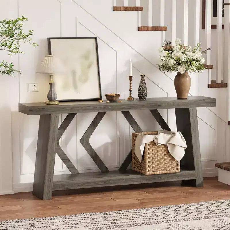 Table console d'entrée à 2 niveaux de 180 cm, bois composite marron, capacité de 50 kg, profondeur mince de 30 cm