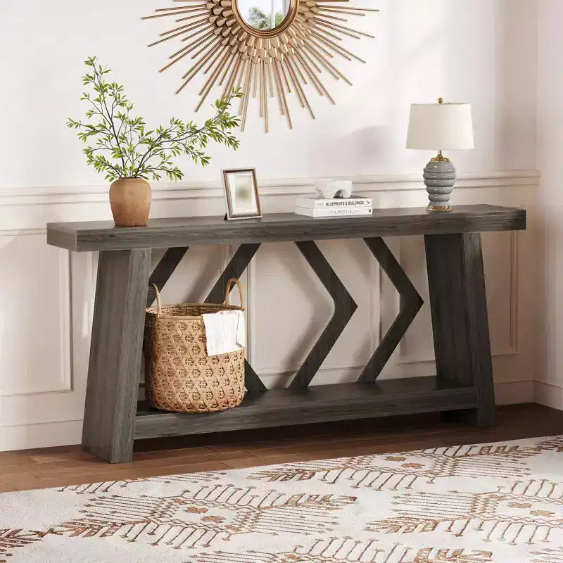 Table console d'entrée à 2 niveaux de 180 cm, bois composite marron, capacité de 50 kg, profondeur mince de 30 cm