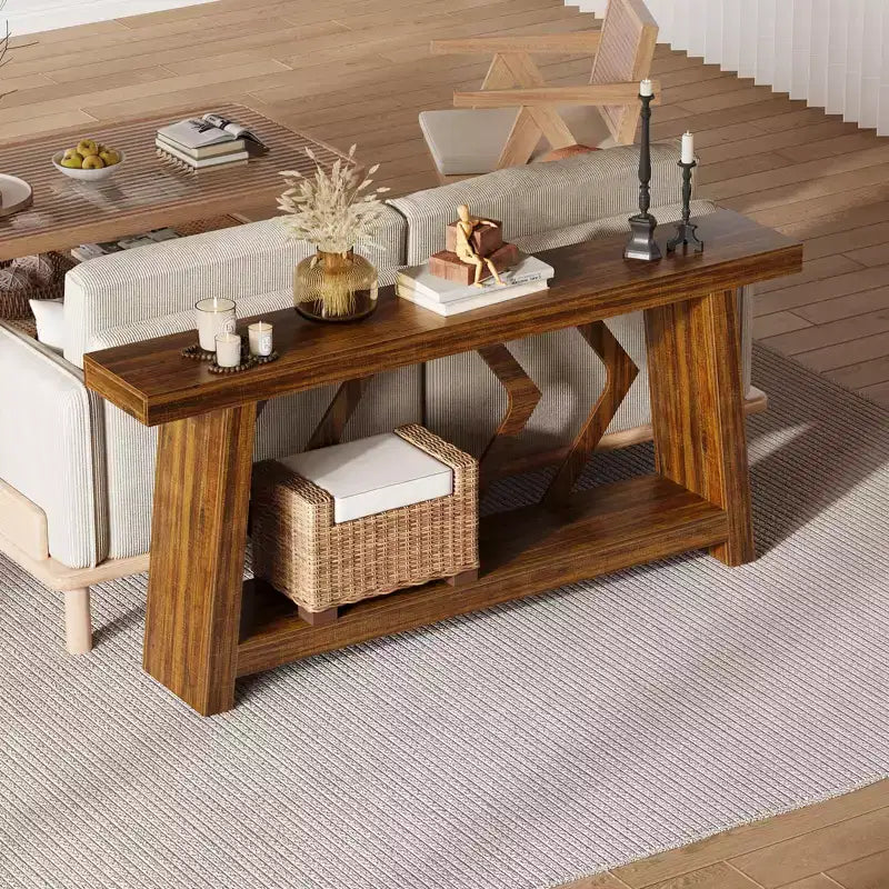 Table console d'entrée à 2 niveaux de 180 cm, bois composite marron, capacité de 50 kg, profondeur mince de 30 cm
