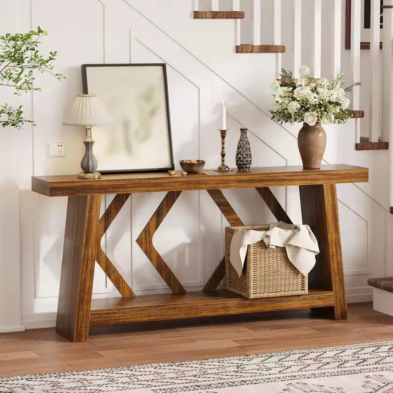 Table console d'entrée à 2 niveaux de 180 cm, bois composite marron, capacité de 50 kg, profondeur mince de 30 cm