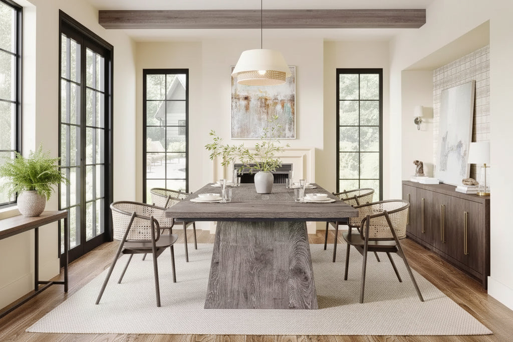 Lantine Dining Table for 6, Farmhouse Wood Rectangular Kitchen Table with Double Pedestal, 63 L x 31.5 W x 30 H, Grey