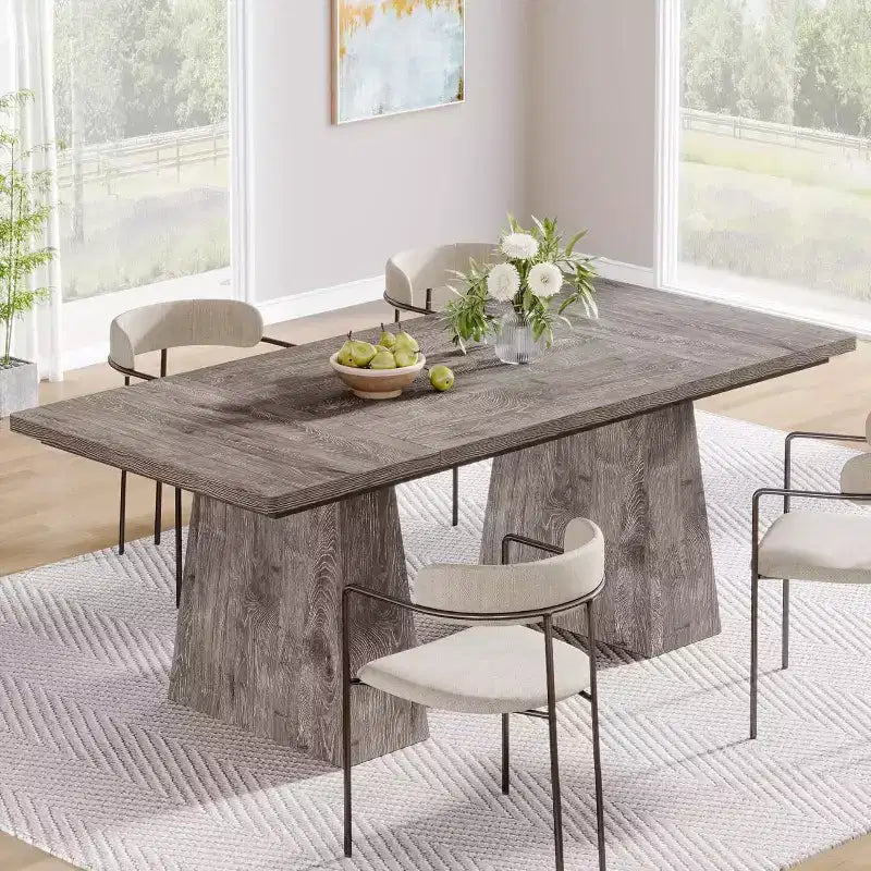Table à manger de ferme 63" pour 6 personnes, double piédestal, MDF, capacité de 300 lb, grise, 63"L x 31.1"W x 29.5"H