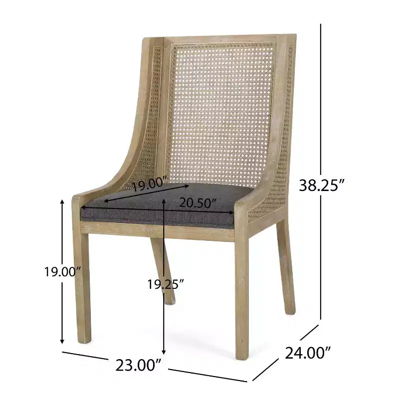 Lot de 2 chaises de salle à manger, dossier en cannage, assise rembourrée, structure en bois d'hévéa, capacité de 136 kg, anthracite/naturel