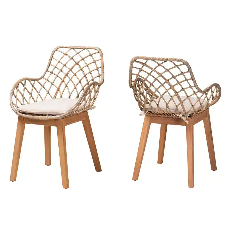 Lot de 2 chaises de salle à manger en rotin bohème, assise rembourrée, accoudoirs, pieds inclinés, finition gris délavé/naturel/blanc
