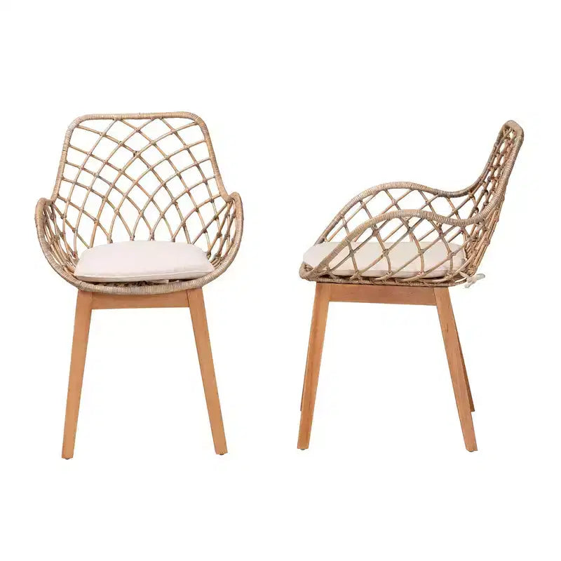 Lot de 2 chaises de salle à manger en rotin bohème, assise rembourrée, accoudoirs, pieds inclinés, finition gris délavé/naturel/blanc