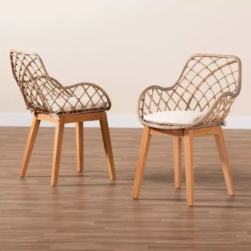 Lot de 2 chaises de salle à manger en rotin bohème, assise rembourrée, accoudoirs, pieds inclinés, finition gris délavé/naturel/blanc