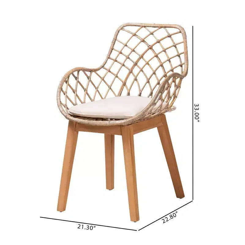 Lot de 2 chaises de salle à manger en rotin bohème, assise rembourrée, accoudoirs, pieds inclinés, finition gris délavé/naturel/blanc