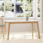 Table à manger Mid-Century, rectangulaire 150x90cm, plateau MDF, pieds évasés en hévéa, capacité 136 kg, blanc/chêne