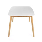 Table à manger Mid-Century, rectangulaire 150x90cm, plateau MDF, pieds évasés en hévéa, capacité 136 kg, blanc/chêne